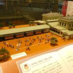 Detailliertes Bahnhofsmodell mit Gleisen und Figuren in einer Ausstellung