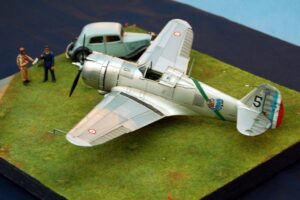 Modell einer Curtiss Hawk 75 in 1:48 mit sauber lackierter Kabinenhaube, Hoheitszeichen und Figuren auf einer Grasbase