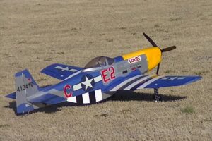 Großes ferngesteuertes Modellflugzeug einer P-51 auf einer Wiese